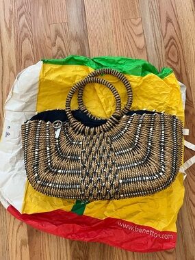 United Colors of Benetton Woven Tote with Blue Accents